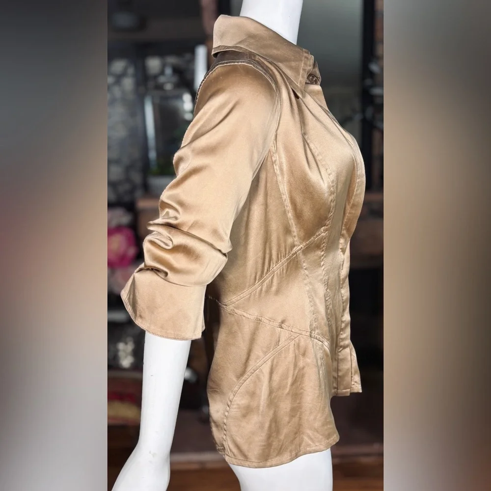Kaufmanfranco Tan Stretch Silk Button Down Collared Blouse w/ Lace Bralette Sz 8 - Picture 3 of 11